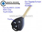 Toyota Europe Camry 3 button Remote Key 4D67 Chip 433Mhz(Trunk)